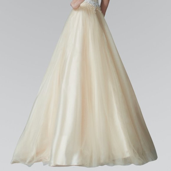 NEW LONG SLEEVELESS STRAPLESS A-LINE TULLE DRESS EMBROIDERED WITH PEARLS GL2155 - Picture 10 of 10